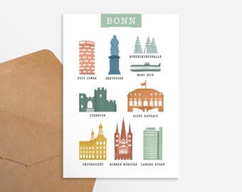 May include: A colorful illustration of landmarks in Bonn, Germany. The illustration includes the Post Tower, Beethoven, Moby Dick, Sterntor, Altes Rathaus, Universität, Bonner Münster, and Langer Eugen.
