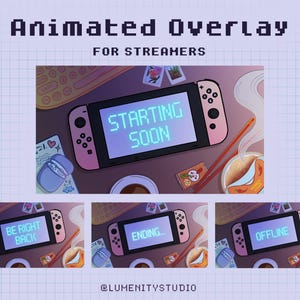 May include: Animated overlay for streamers featuring a pink Nintendo Switch with different text screens: "Starting Soon", "Be Right Back", "Ending...", and "Offline".