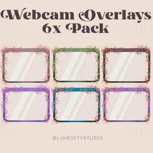 Puede incluir: Seis superposiciones de cámara web diferentes con bordes florales en varios colores, incluidos morado, azul, verde y marrón. Las superposiciones son transparentes y tienen un fondo blanco. El texto "Webcam Overlays 6x Pack" está en la parte superior de la imagen. El texto "@LUMENITYSTUDIO" está en la parte inferior de la imagen.