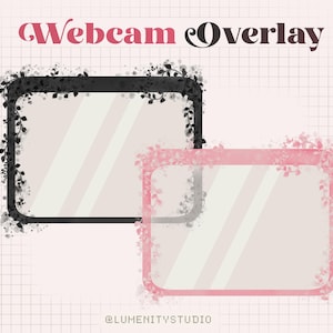 Puede incluir: Gráfico de superposición de webcam con dos marcos, uno negro y otro rosa, cada uno con detalles florales. Los marcos tienen un interior a rayas rosa claro y blanco. El texto "Webcam Overlay" está en la parte superior.