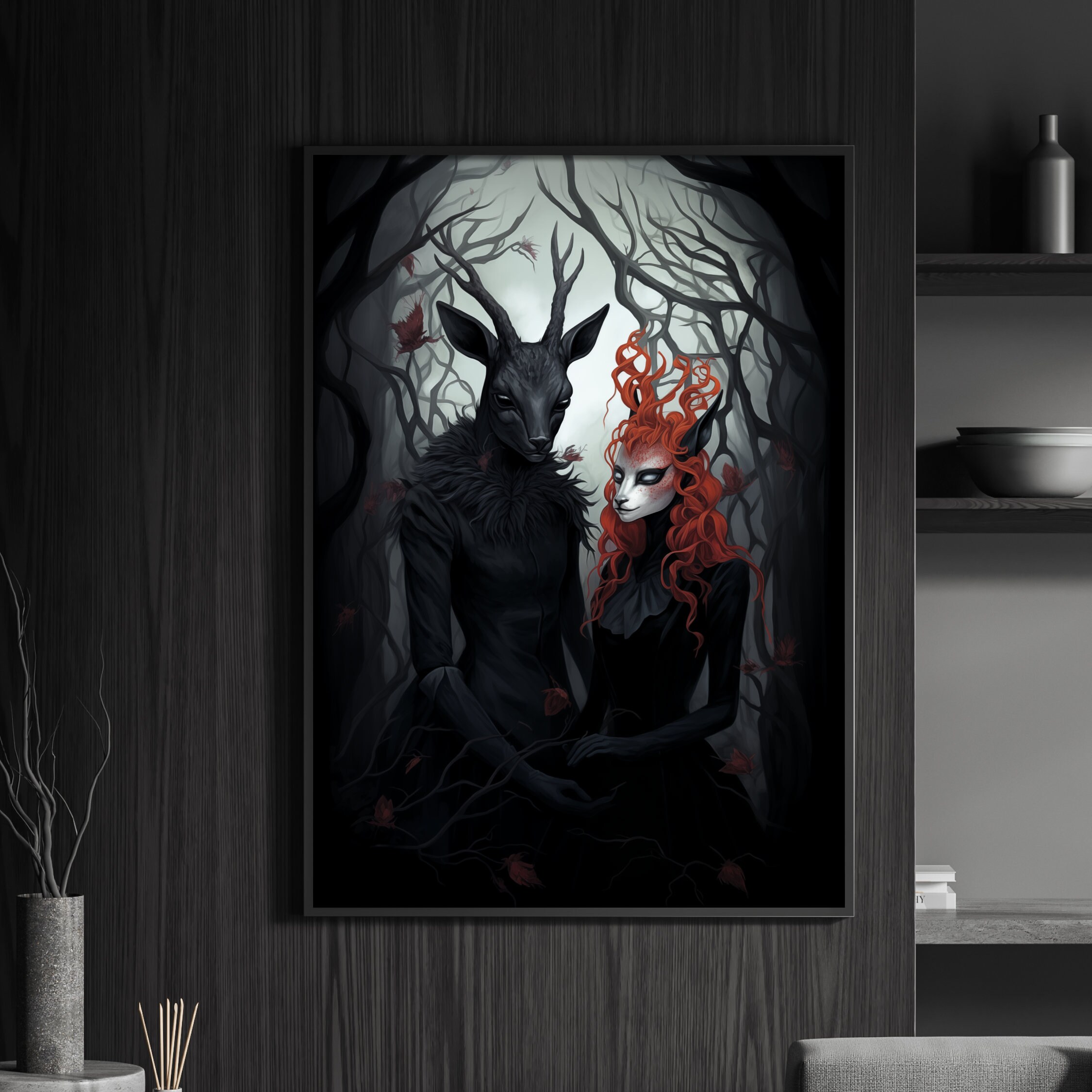 Symbiosis - Giclée Art Print, Deer and Lamb in Forest, Gloomy