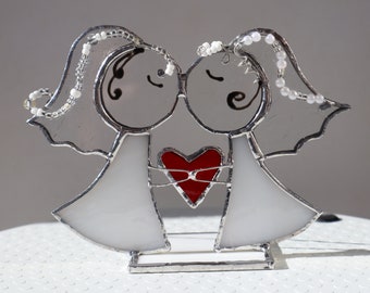 Stained glass Kissing Wedding Couple - Bride / Bride - ideal cake topper, top table decoration or gift for the happy couple.