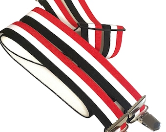 Suspenders 4 clip H shape black-white-red striped