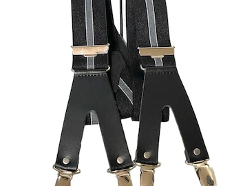 Hosenträger 6 Clip mit echtem Leder in Schwarz Y Form