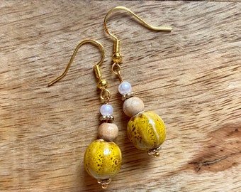 boho earrings with mustard yellow ceramic beads | stainless steel gold | valentines presents for girlfriend  | earrings with handmade beads