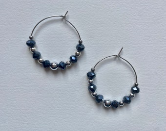Hoop silver dark blue crystal beads bicone | unique valentines present women | Handmade  earrings sale