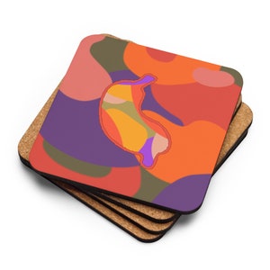 May include: Four square coasters with a cork base. The top coaster has an abstract design with orange, red, purple, and green shapes. A smaller, outlined shape is in the center. Each coaster measures approximately 10 cm x 10 cm.