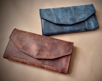Women Wallet with Phone Compartment and Zipper Coin Pocket, Handmade, Crazy Horse Buffalo Leather (Pull up efect)
