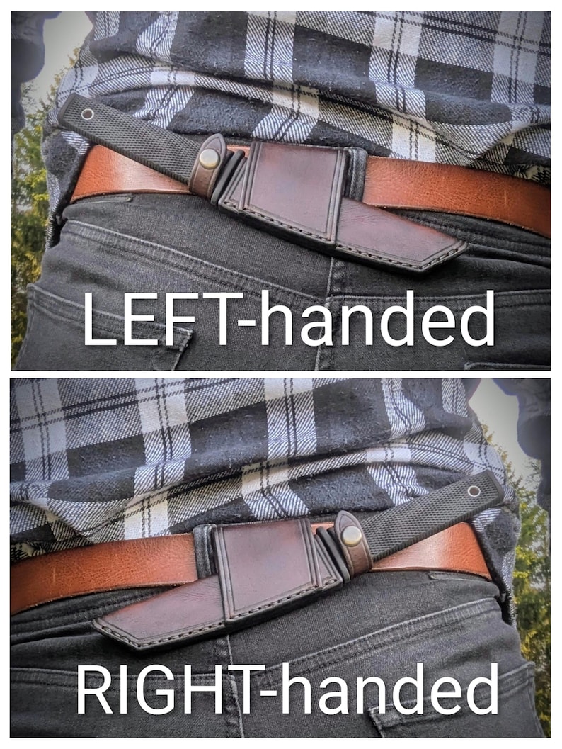 May include: A leather sheath with a knife is attached to a brown belt. The knife has a black handle and a dark blade. The text "LEFT-handed" and "RIGHT-handed" are displayed.