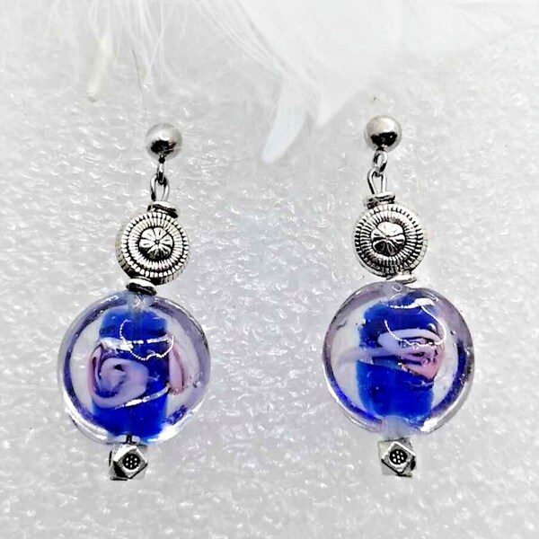 PERLES MURANO BLEU verre filé +Acier inoxydable. Boucles d'oreilles clou - Neuf