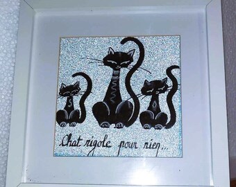 CHAT RIGOLE pour RIEN- tableau abstrait -bleu paillette- Original avec cotation mis en vente par l'artiste -