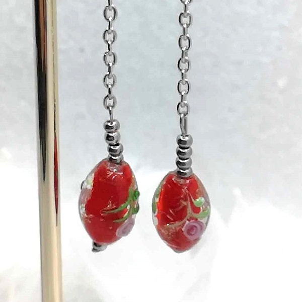 Boucles oreilles Rouge Ovale, Perle Murano, acier Patine Argent - - made in France -