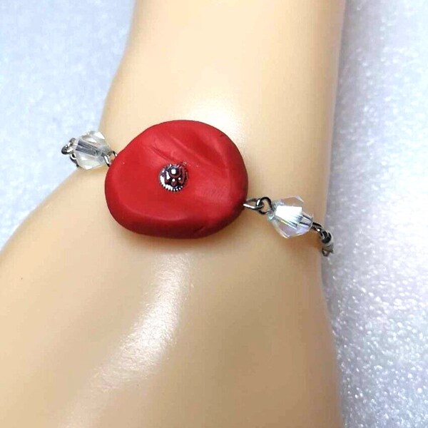 BRACELET COQUELICOT REGLABLE chaine acier argenté- Artisanat - champêtre - bohème -