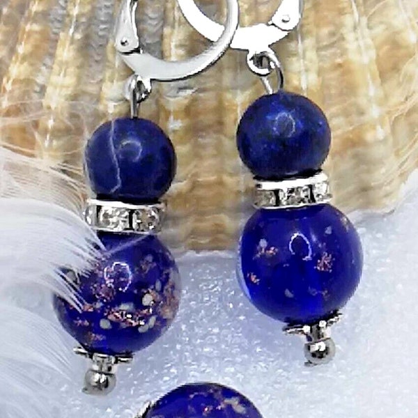 BOUCLES d'OREILLES Perles MURANO +Lapis Lazuli + Cristal Blanc+acier argent-Neuf