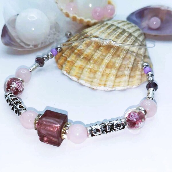 Bracelet Universel PARME  en MURANO et Gemme Quartz ROSE ( la Pierre de sécurité en  Lithothérapie )