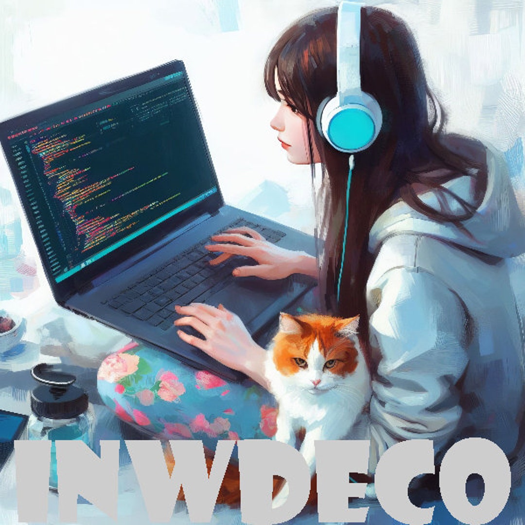 Coding Companion - Girl & Orange Cat Digital Illustration - 2 of 7 - Etsy