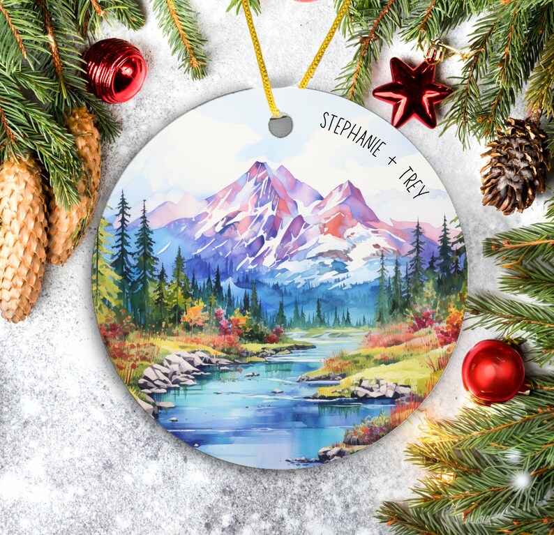 Watercolor Mountain Ornament, Custom Family Name Ornament, Personalized