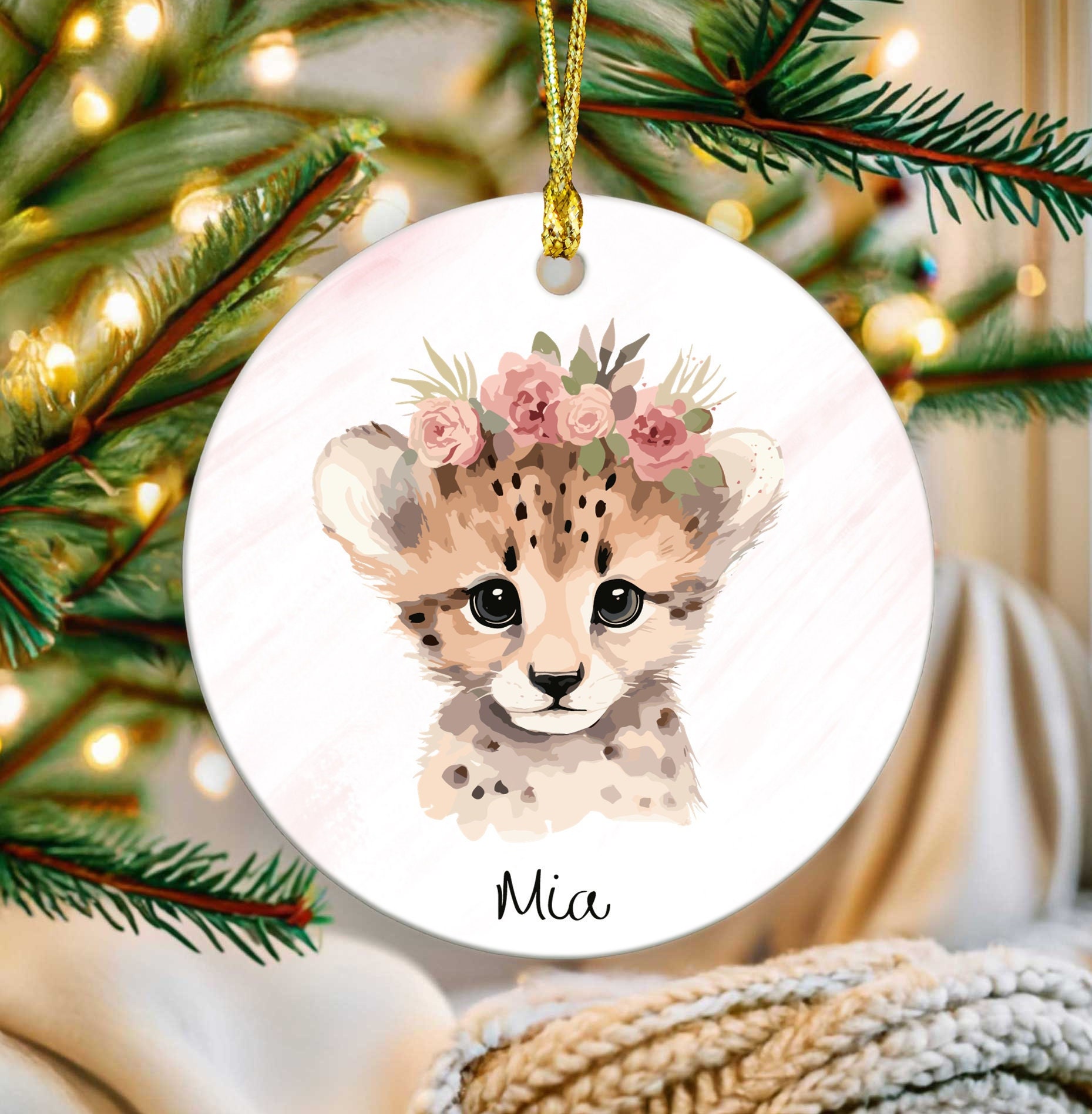 Cute Cheetah Ornament, Girls Custom Name Ornament, Personalized