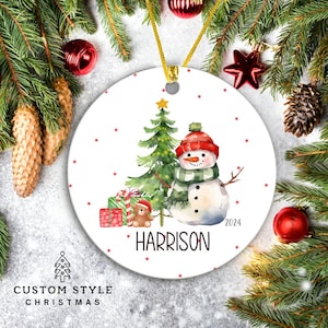 Cute Christmas Watercolor Snowman Ornament, Boys Name Ornament, Personalized Ornament For Kids, Custom Text Toddler Ornament, Baby Moose