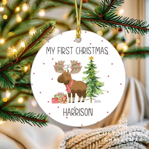 Cute Christmas Moose Ornament, Boys Custom Name Ornament, Personalized Christmas Ornament For Kids, Custom Text Toddler Ornament, Baby Moose