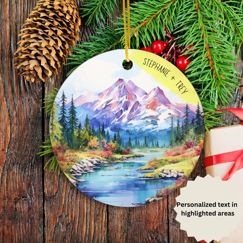 Watercolor Mountain Ornament, Custom Family Name Ornament, Personalized