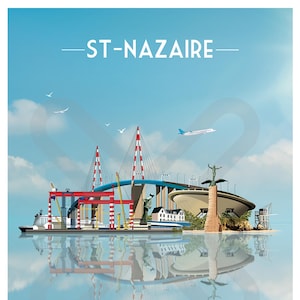Peut inclure: Une illustration colorée de la ville de Saint-Nazaire, en France. L'illustration représente un pont, un navire, des grues et une statue. L'illustration est placée sur un fond de ciel bleu avec des nuages blancs.