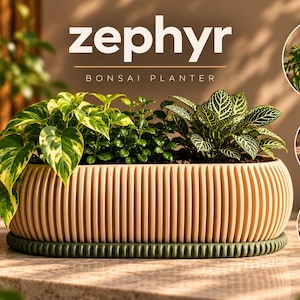 May include: An oval-shaped beige bonsai planter with vertical ribbed textures, resting on a dark green ridged tray. The planter contains three small green plants. The text "zephyr BONSAI PLANTER" is displayed above the main planter image.