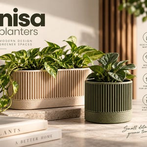 May include: Two ribbed planters, one rectangular in beige and one cylindrical in olive green, each featuring a textured base. The text "nisa planters" and "MODERN DESIGN GREENER SPACES" appears above, with icons for eco-friendly material and aesthetic.
