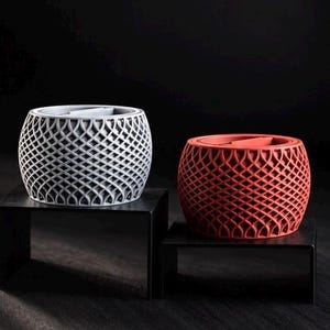 May include: Two cylindrical planters with a complex, repeating lattice pattern on the exterior. One planter is light grey and the other is a terracotta red. Both feature a smooth, circular top rim and a hollow interior, showcasing a 3D printed design.