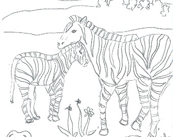 May include: A black and white line drawing of two zebras standing side by side in a grassy field. The zebras are facing each other and the larger zebra has its head resting on the smaller zebra's neck. The sun is shining in the background.