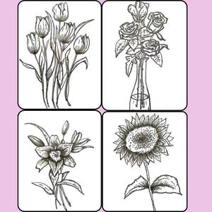 Puede incluir: Un dibujo digital de cuatro tipos diferentes de flores: tulipanes, rosas, lirios y un girasol. Las flores están dibujadas en tinta negra sobre un fondo blanco.