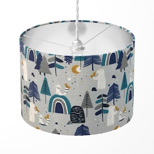 Woodland Animal Lampshade, Blue Grey Lampshade, Kids Room Lampshade, Polar Bear Fox Winter Mountain Tree Children Lampshade Nursery Decor