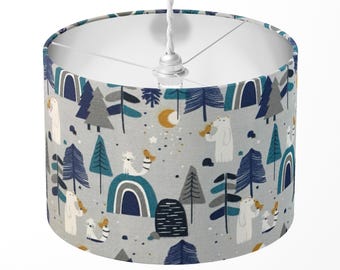 Woodland Animal Lampshade, Blue Grey Lampshade, Kids Room Lampshade, Polar Bear Fox Winter Mountain Tree Children Lampshade Nursery Decor