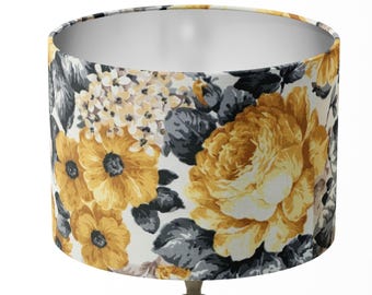Rose Lamp Shade, Yellow Floral Lampshade, Flower Light Shade, Mustard Grey Blossom Boho Modern Large Pattern Table Ceiling Pendant Lampshade