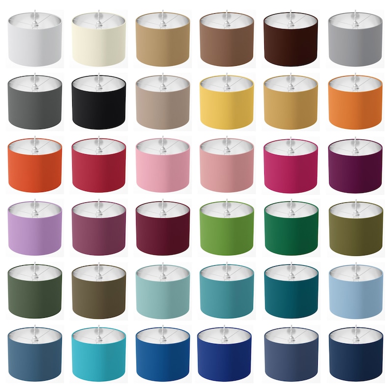White Light Cream Light Brown Dark Brown Dark Grey Black Beige Yellow Mustard Dark Orange Red Pink Powder Pink Fuchsia Purple Lilac Plum Burgundy Green Sea Green Moss Olive Khaki Mint Teal Petrol Blue Baby Blue Indigo Turquoise Drum Lampshades