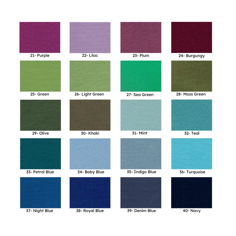 Puede incluir: Una carta de colores que muestra 20 muestras de tela diferentes. Las muestras est&aacute;n dispuestas en cuatro filas de cinco, con cada muestra etiquetada con un n&uacute;mero y un nombre de color. Los colores incluyen morado, lila, ciruela, burdeos, verde, verde claro, verde mar, verde musgo, oliva, caqui, menta, azul verdoso, azul petr&oacute;leo, azul beb&eacute;, azul &iacute;ndigo, turquesa, azul noche, azul real, azul vaquero y azul marino.