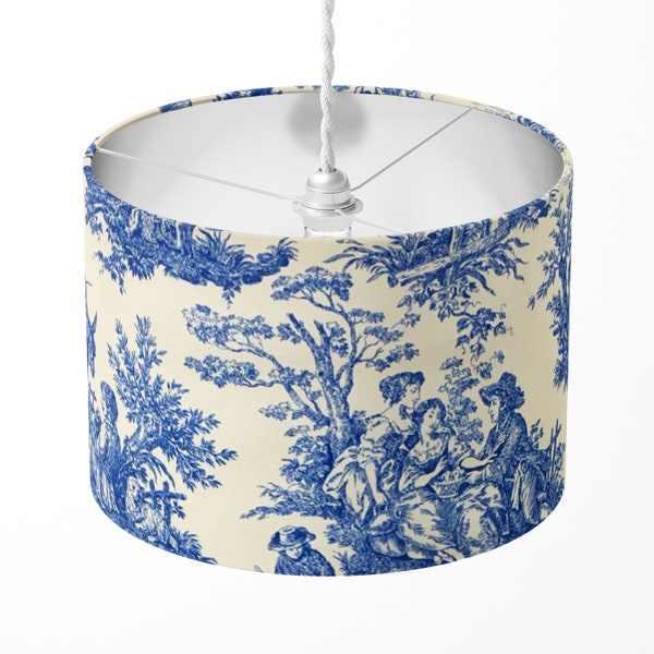 Toile Lampshade, French Lamp Shade, Blue White Lampshade, Countryside Cottage Farm House Rustic Bedside Ceiling Table Floor Cotton Lampshade