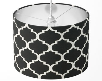 Moroccan Lamp Shade, Black and White Lampshade, Geometric Light Shade, Monochrome Trellis Tile Turkish Ottoman Cotton Fabric Drum Lampshade
