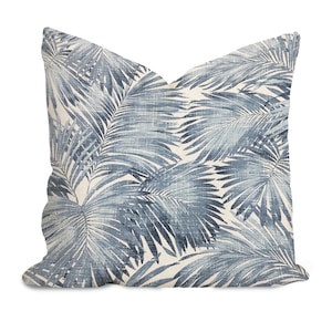 Tropical Pillow Cover, Blue White Throw Pillow, Leaf Print Cushion, Denim Blue Exotic Coastal Indoor Outdoor Pillow Case for Couch Sofa