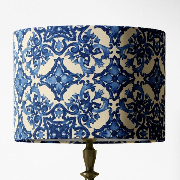Tile Lampshade, Blue White Lampshade, Moroccan Lamp Shade, Italian Portuguese Majolica Ceramic Mosaic Table Ceiling Floor Bedroom Lampshade