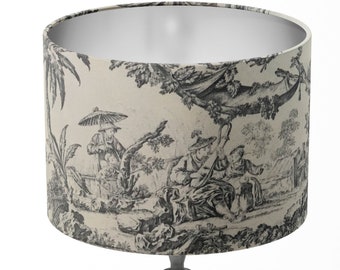 Abat-jour toile de Jouy, abat-jour chinois, abat-jour japonais, chinoiserie rustique grise abat-jour tambour de table au sol oriental asiatique