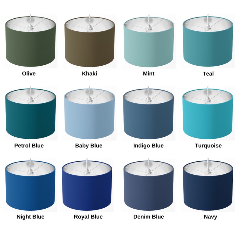Olive khaki mint teal petrol blue baby blue indigo blue turquoise night blue royal blue denim blue navy drum lampshades displayed on white background