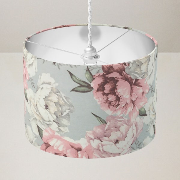 Pink Floral Lamp Shade, Grey Drum Lampshade, Peony Lampshade, Pastel Large Flower Shabby Chic Retro Country Table Floor Ceiling Lampshade