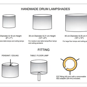 Peut inclure: Diagramme montrant trois tailles d'abat-jour de tambour avec des mesures en pouces et en centim&egrave;tres. Les abat-jour sont gris et blancs. Le diagramme montre &eacute;galement trois types de douilles de lampe&nbsp;: suspension/plafond, table/lampe sur pied et douille E27 avec adaptateur B22 amovible.