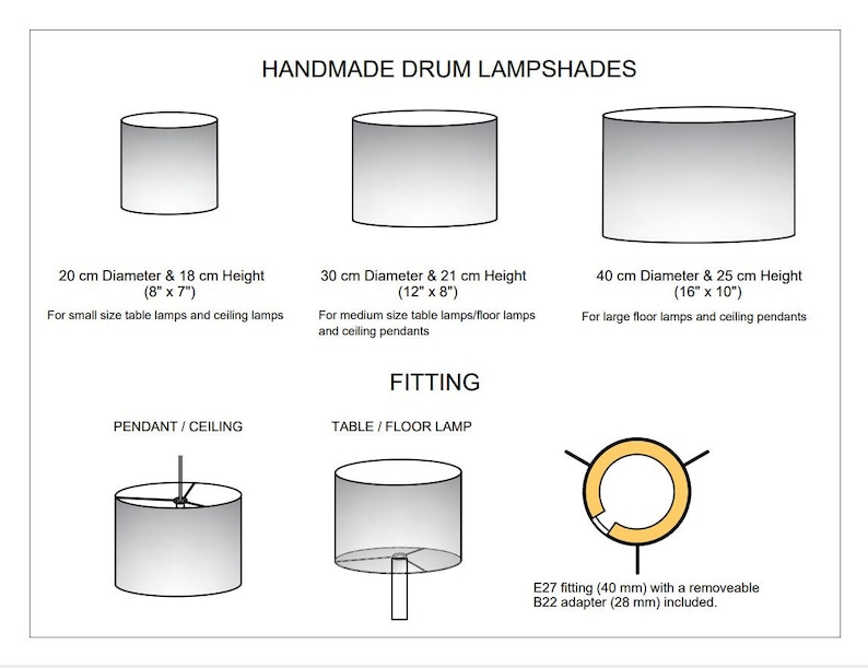Peut inclure: Diagramme montrant trois tailles d'abat-jour de tambour avec des mesures en pouces et en centim&egrave;tres. Les abat-jour sont gris et blancs. Le diagramme montre &eacute;galement trois types de douilles de lampe&nbsp;: suspension/plafond, table/lampe sur pied et douille E27 avec adaptateur B22 amovible.
