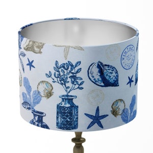 Coastal Lampshade, Seaside Lamp Shade, Sea Shell Lampshade, Blue White Vintage Style Ocean Nautical Beach Table Floor Ceiling Drum Lampshade