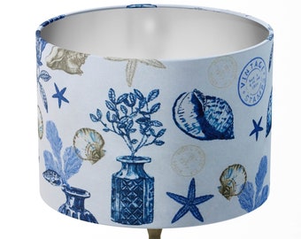 Paralume costiero, paralume da spiaggia, paralume a conchiglia, paralume a tamburo da tavolo, pavimento e soffitto, in stile vintage blu e bianco, stile nautico, oceano e spiaggia