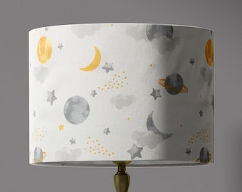 Moon Lampshade, Space Lamp Shade, Nursery Light Shade, Stars Clouds Planet Grey Yellow Cotton Toddler Children Lampshade Baby Room Decor