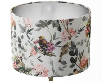 Botanical Lampshade, Bird Lamp Shade, Pink Floral Lampshade, Watercolour Leaves Flowers Pastel Nature Cotton Table Ceiling Pendant Lampshade