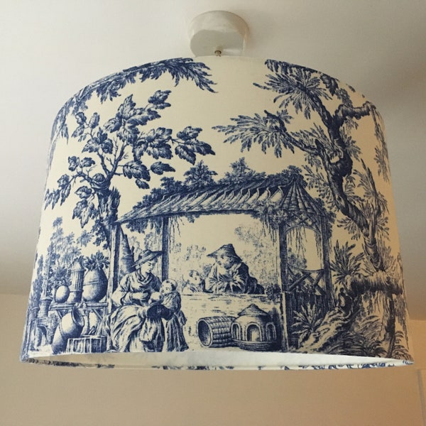 Toile Lamp Shade, Japanese Lampshade, Blue White Lampshade, Chinese Asian Chinoiserie Landscape Country Ceiling Table Floor Drum Lampshade